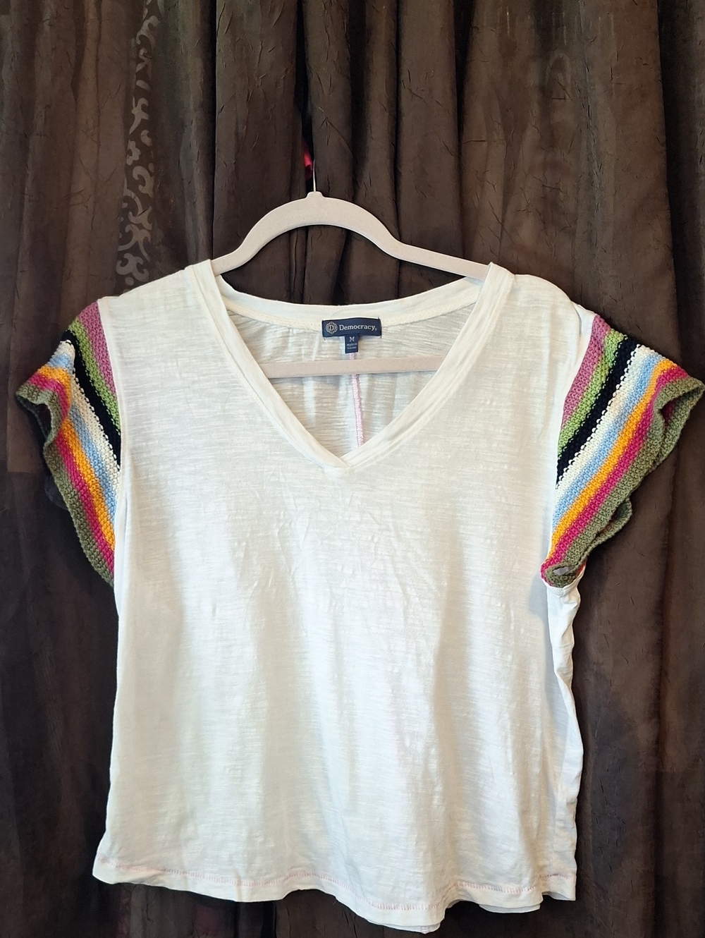 Democracy White V-Neck Tee with Multicolor Crochet Cap Sleeves SIze M